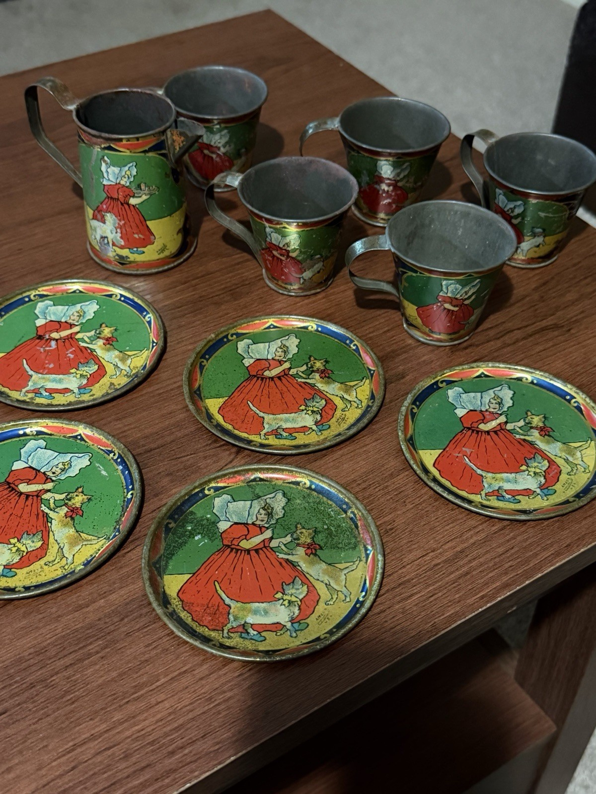 Antique Victorian AMSCO Tin Litho Child Tea Set Sunbonnet Girl Cats Dogs 11 Pc
