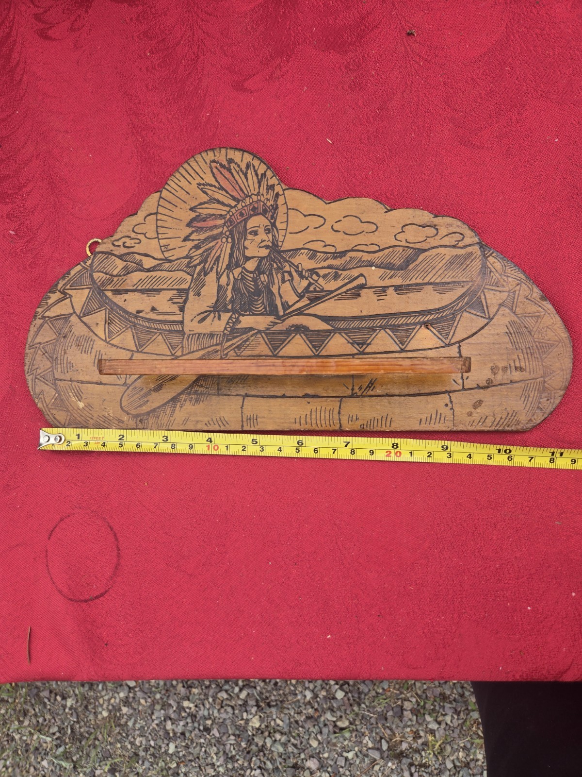 Vtg PYROGRAPHY AMERICAN INDIAN Canoe — Wood Burning Wall Rack 11\