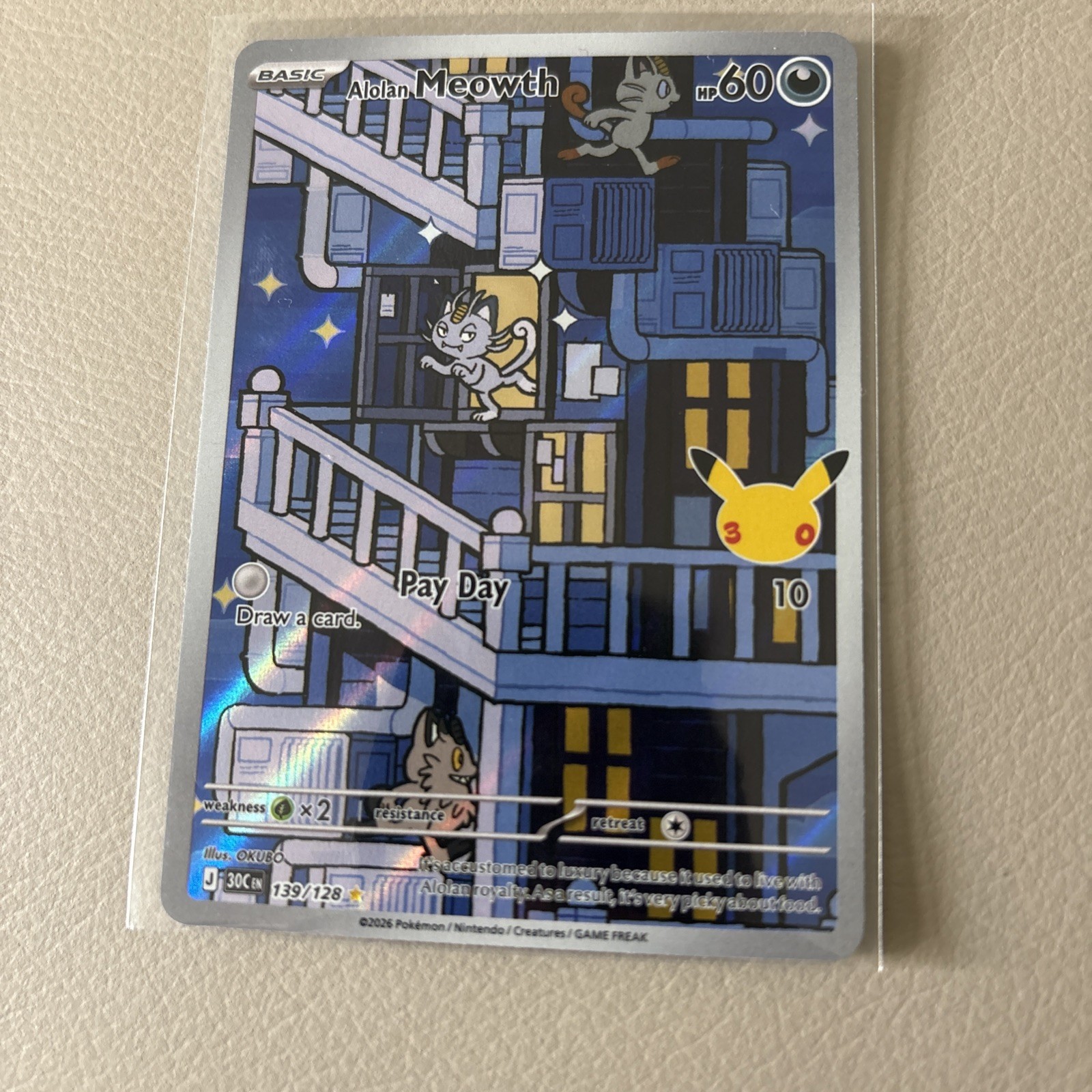 Pokemon TCG Alolan Meowth 139/128 Illustration Rare Holo Full Art English Pokemon TCG Alolan Meowth 139/128 Illustration Rare Holo Full Art English