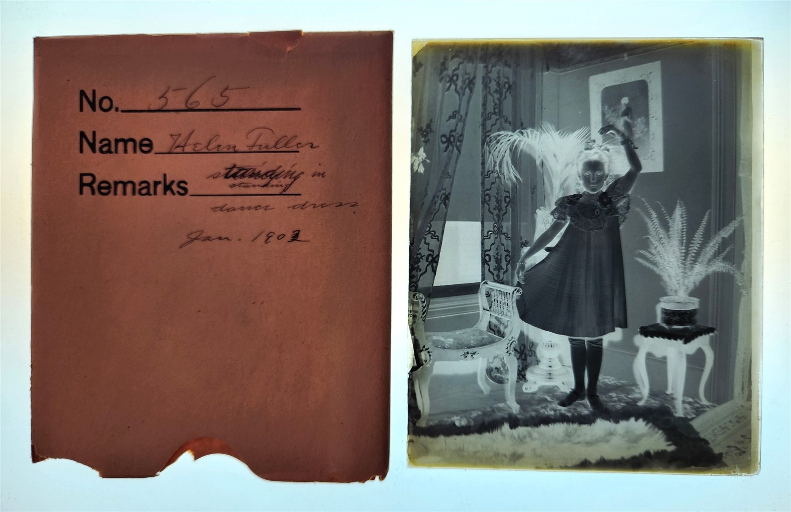 1902 antique HELEN FULLER standing in dance dress PHOTO GLASS NEGATIVE 