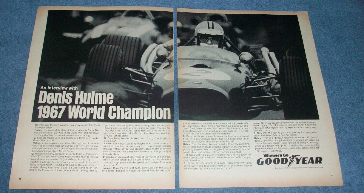 1968 Goodyear Tires Vintage 2pg Ad with Formula 1 Driver Denis Hulme