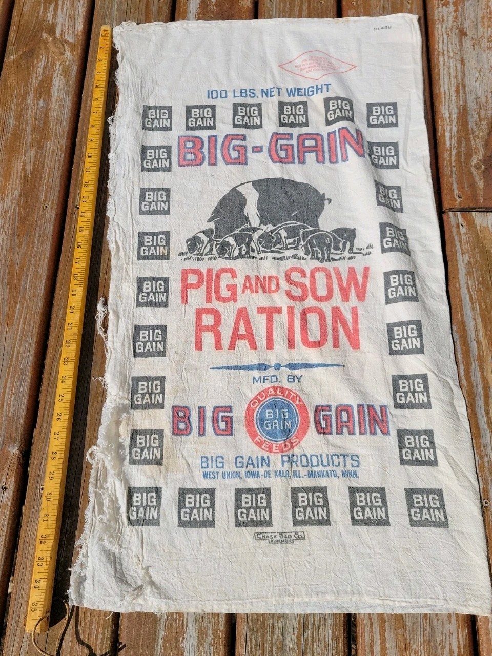Vintage Cotton Cloth Feed Sack Big Gain Pig and Sow Ration 100 Lbs Farmcore