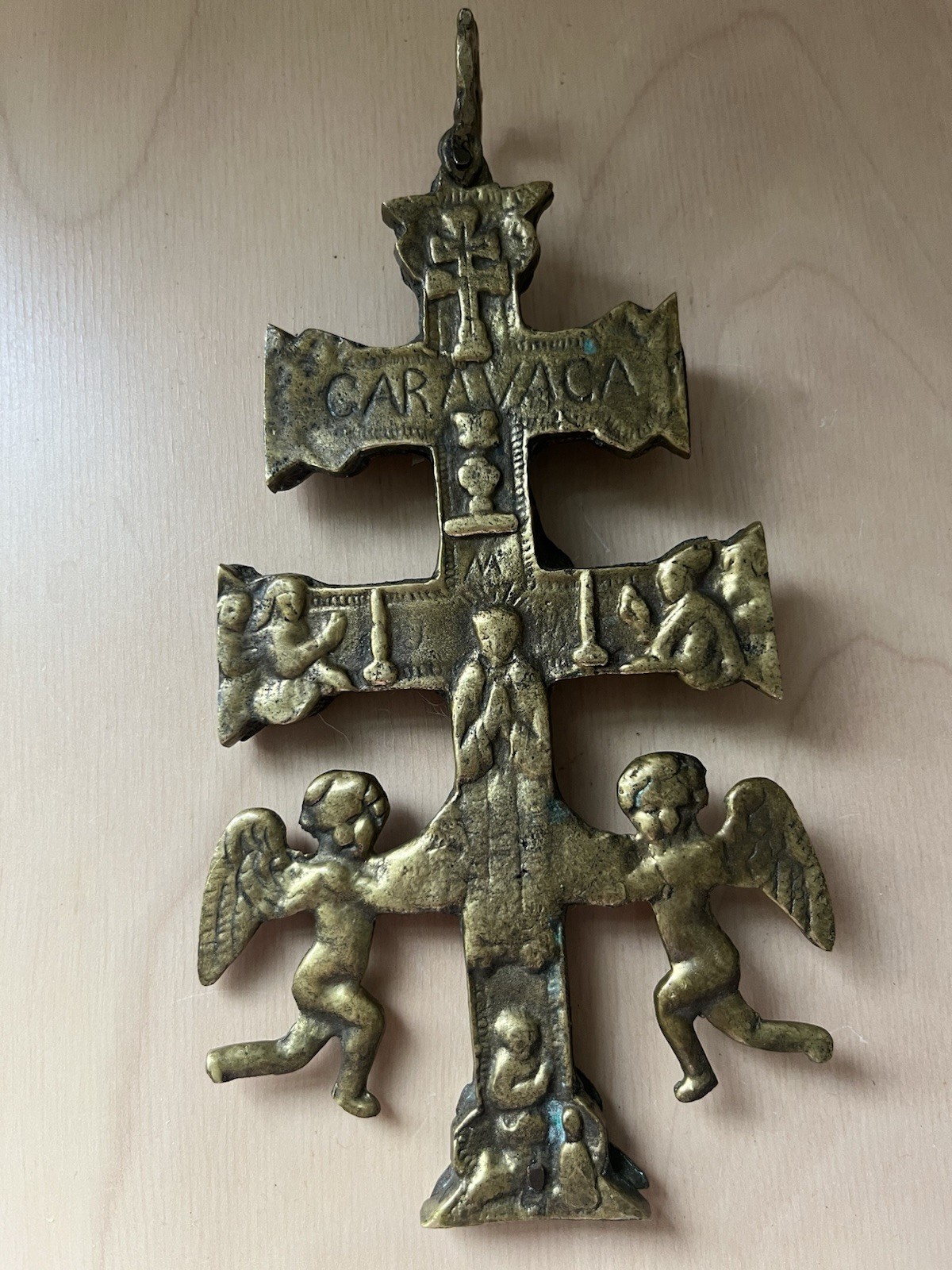 Antique 18thC Spanish Caravaca Reliquary Cross Bronze Brass Double Bar Angels
