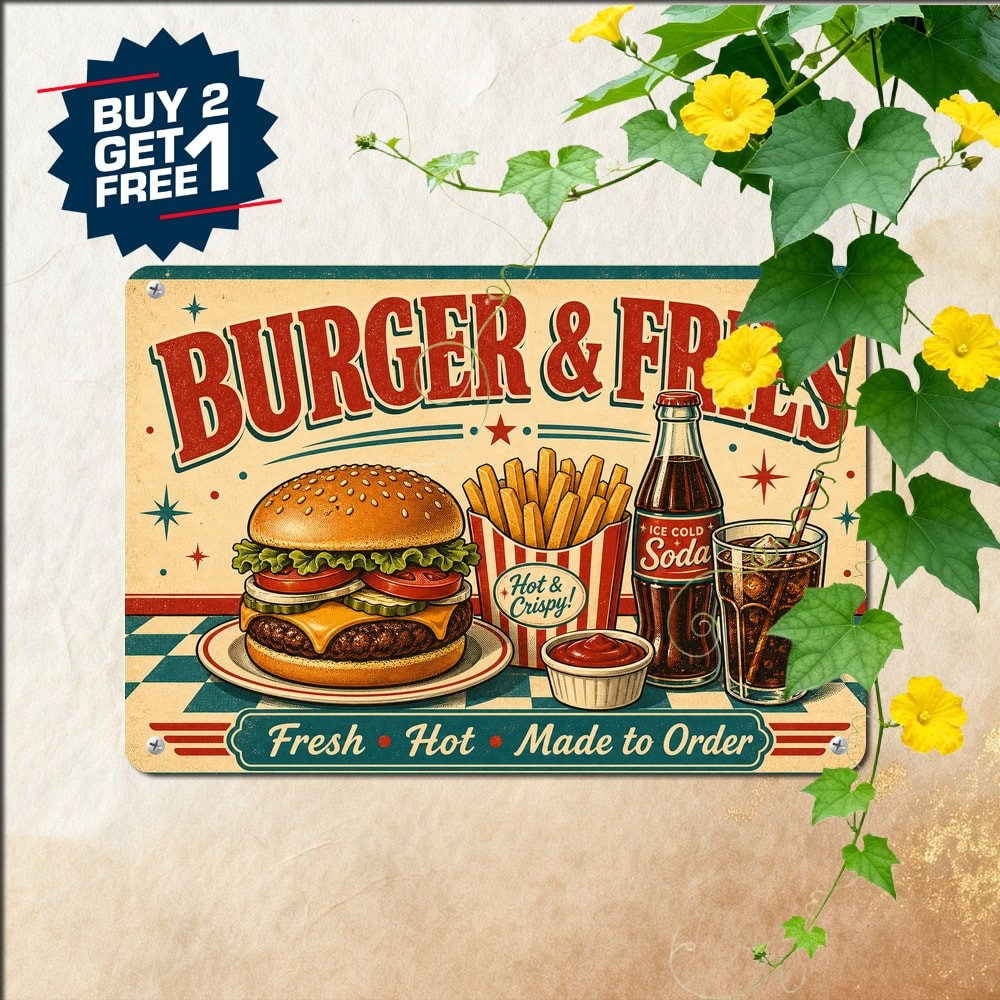 Burger & Fries Fast Food Retro Diner Decor Metal Tin Sign 8x12