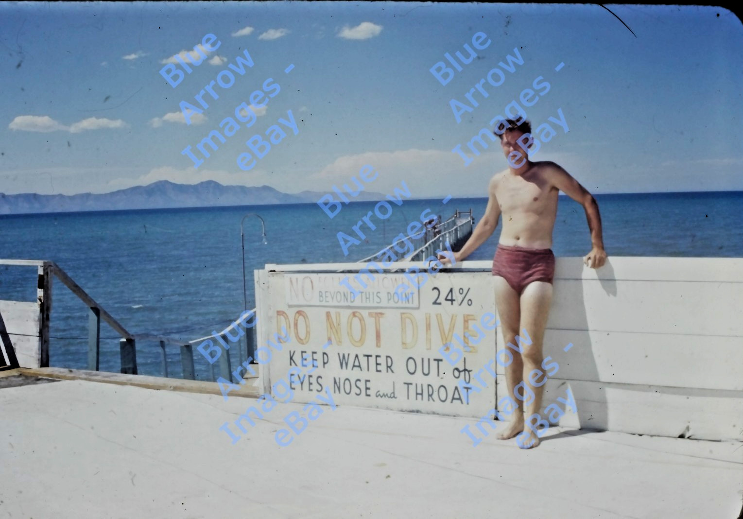 1950s Red Border 35mm Slide Man Swimming Trunks Great Salt Lake Utah #14248