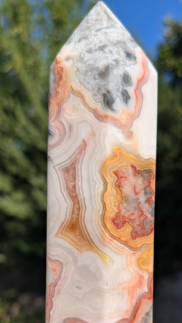 Pink Crazy Lace Agate Tower Large Peach Gray Lace Crystal Statement Piece