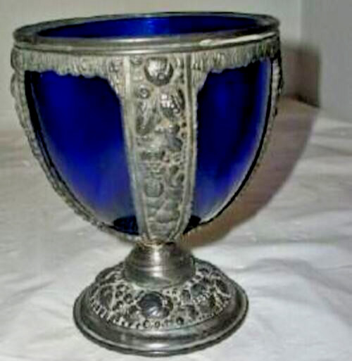 Art Nouveau Cast Metal Chalice Silverplate Floral Cobalt Glass PNCW Antique 1890