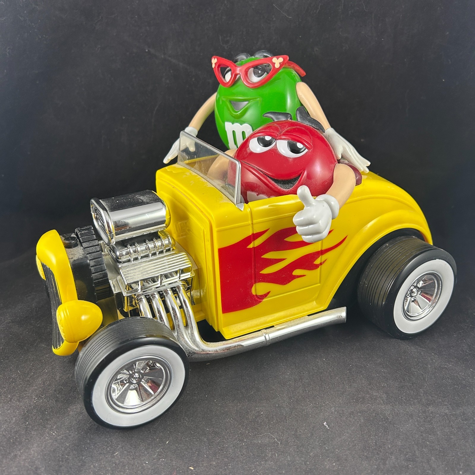 M&M\'S YELLOW HOT ROD CANDY DISPENSER RED AND GREEN CHARACTERS ROADSTER CAR RARE