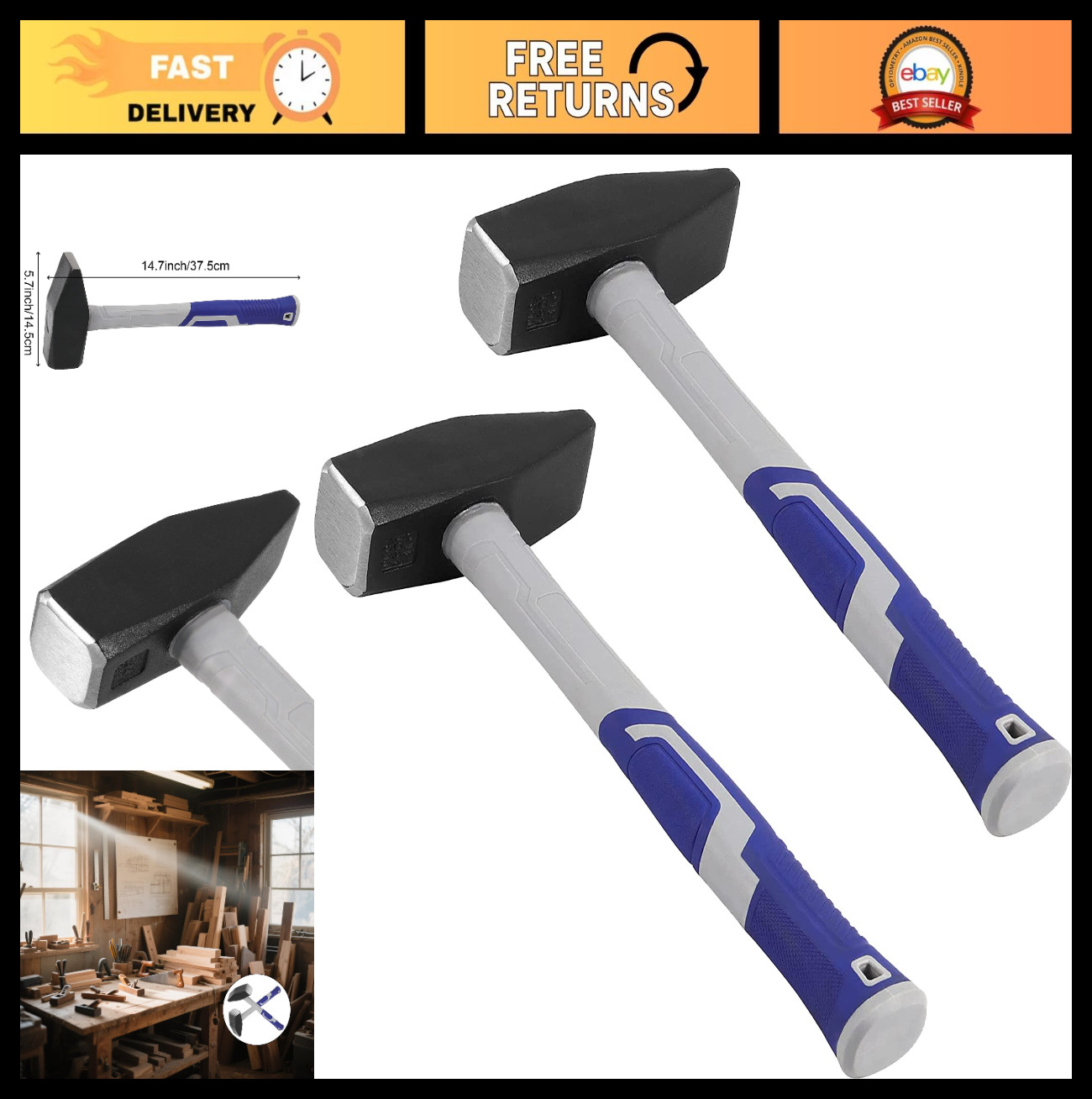 2 Pack 4.5 lb Blacksmith Hammer Set, Cross Peen Fiberglass Handle for Metalwork,