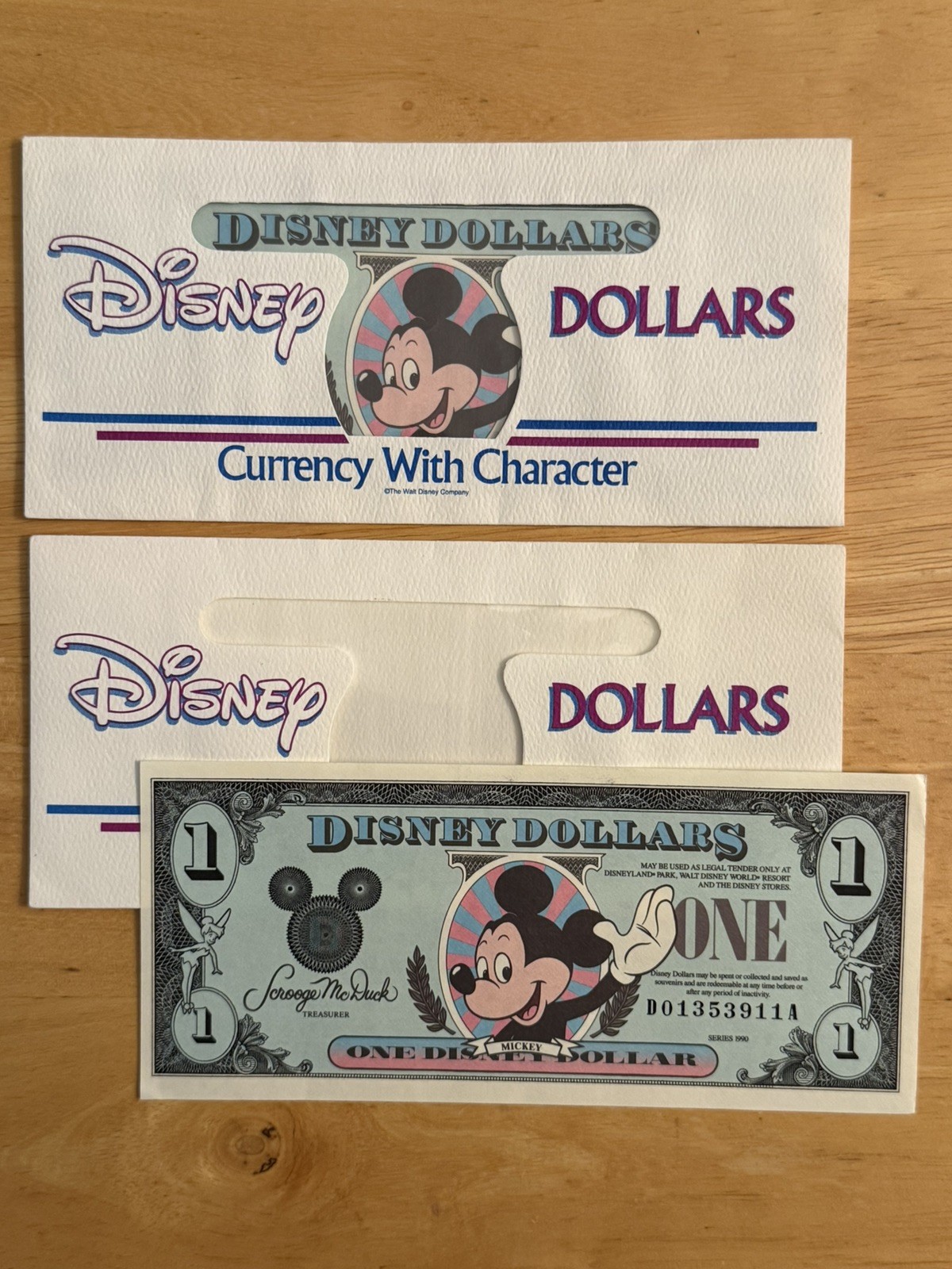 TWO Disney Dollars~1990~ $1 Mickey Mouse Series~w/Envelopes~ very nice TWO Disney Dollars~1990~ $1 Mickey Mouse Series~w/Envelopes~ very nice