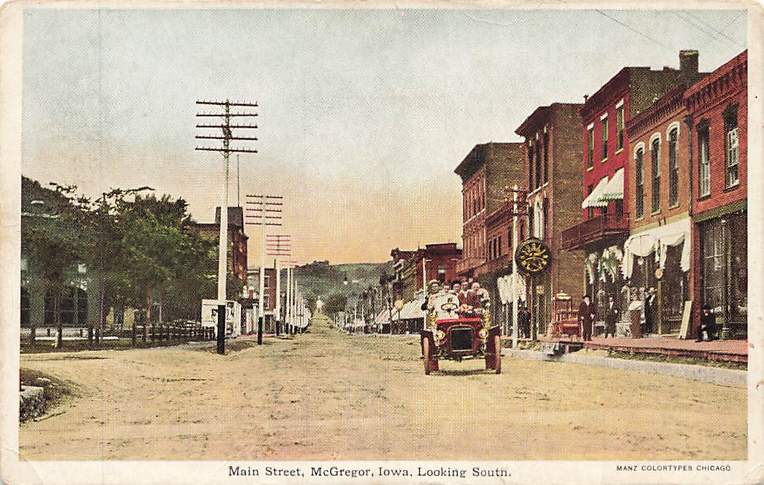 c1915-20s Main Street Looking South Clock Stores Car People McGregor Iowa P507
