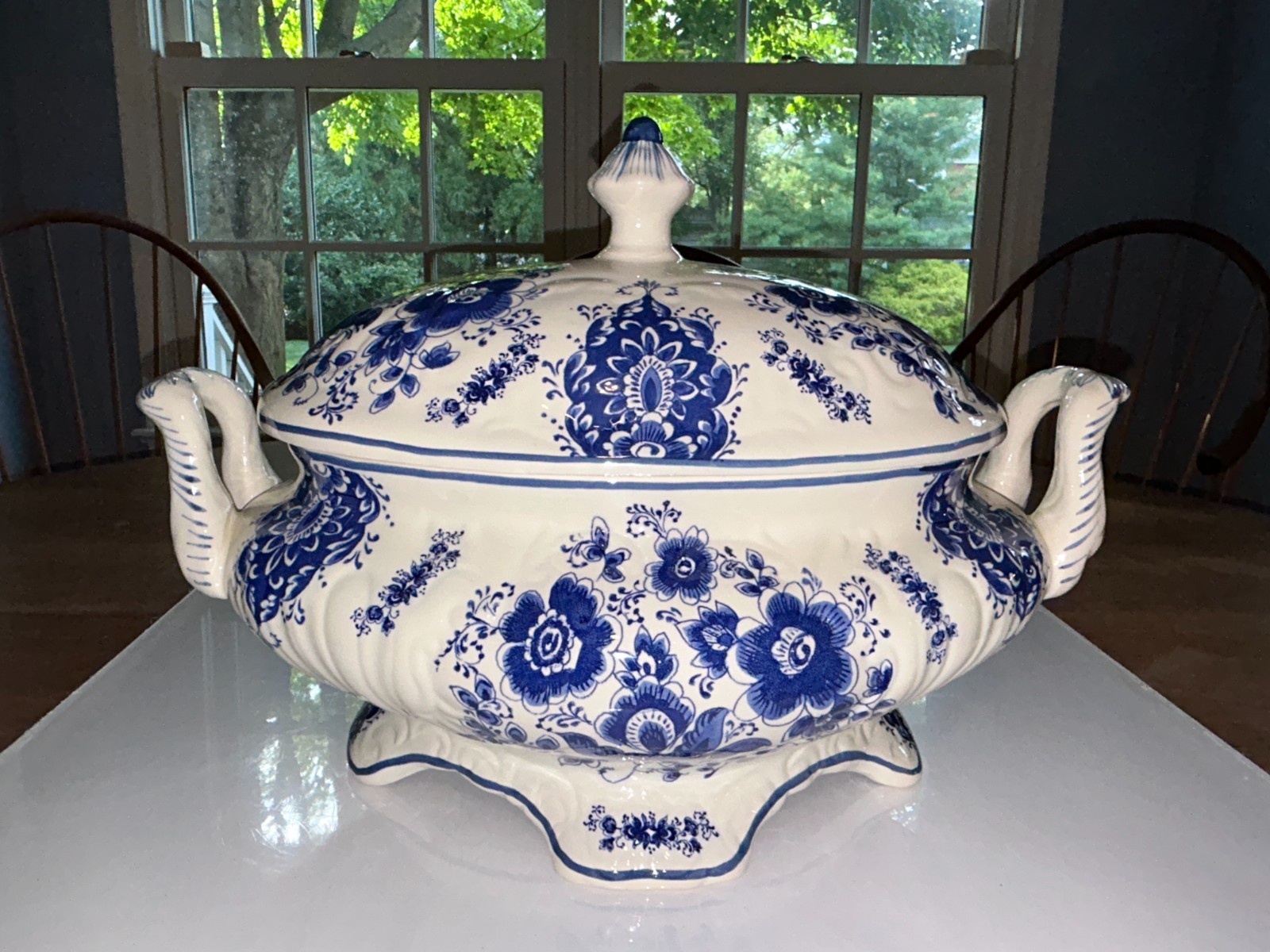 Vintage H. Bequet Jema Holland Delft Soup Tureen, Blue Floral, Handles
