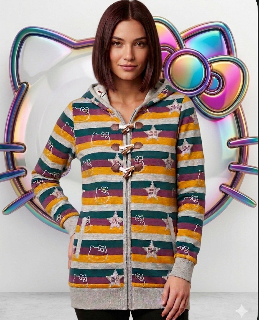Vtg Hello Kitty KiLaRa Striped Toggle Hoodie Jacket - Rare Japan Kawaii - Small