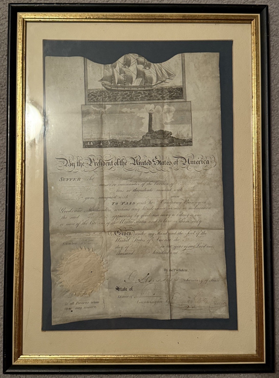 JAMES MADISON December 12, 1810 Signed Framed Ship’s Paper Document Beckett LOA
