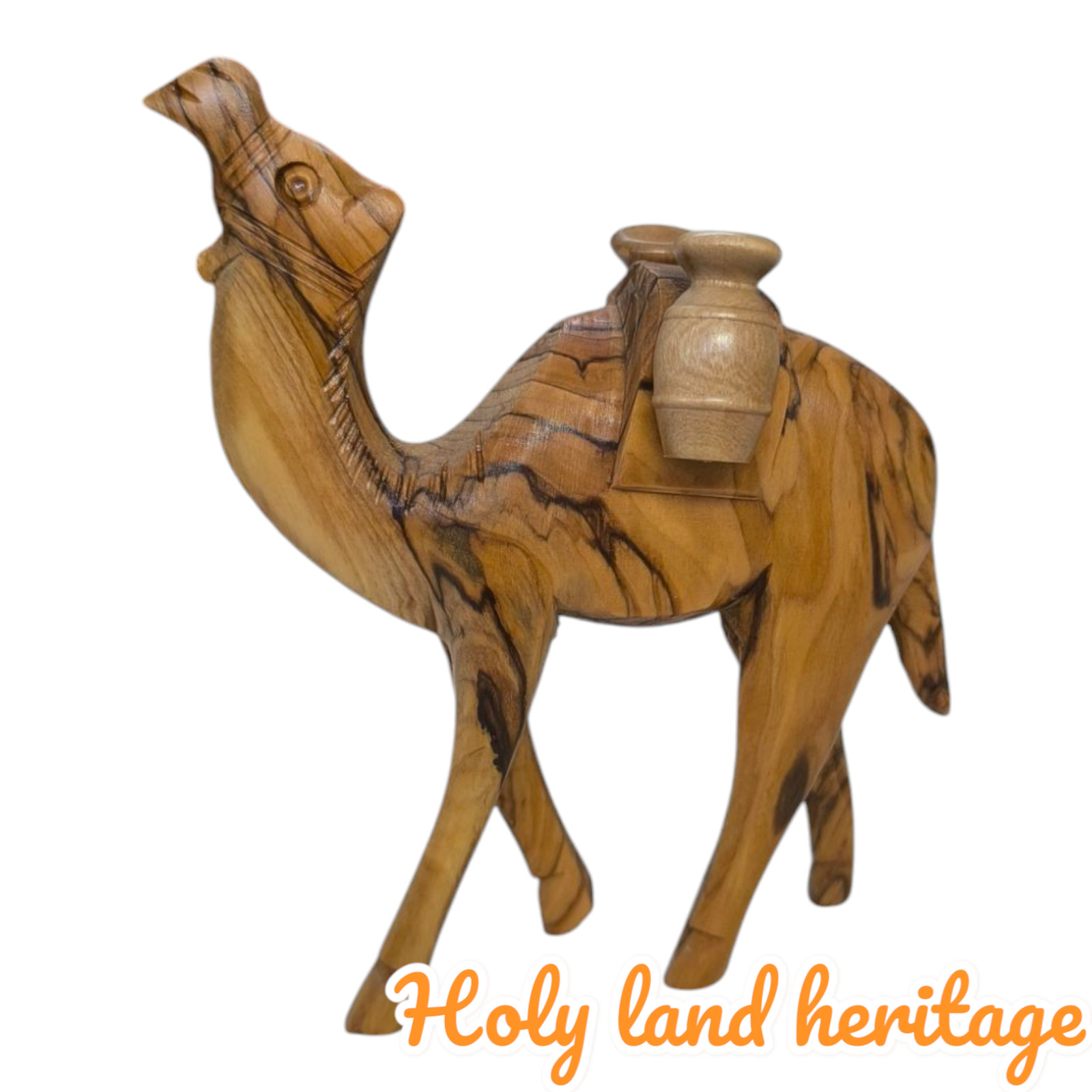 Exquisite Hand Carved Olive Wood Camel with Two Jars Authentic Bethlehem Master
