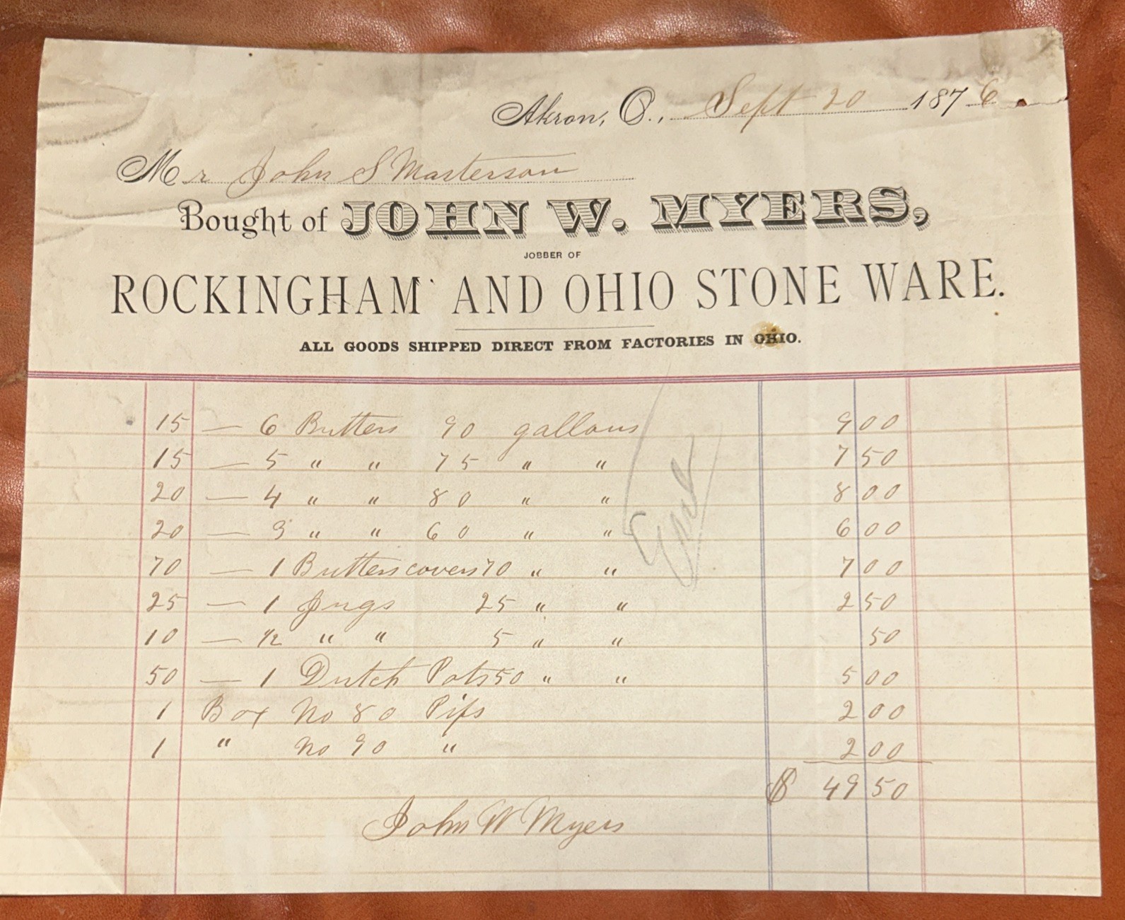 John W Myers Rockingham & Ohio Stoneware 1876 Letterhead Mogadore Centennial John W Myers Rockingham & Ohio Stoneware 1876 Letterhead Mogadore Centennial