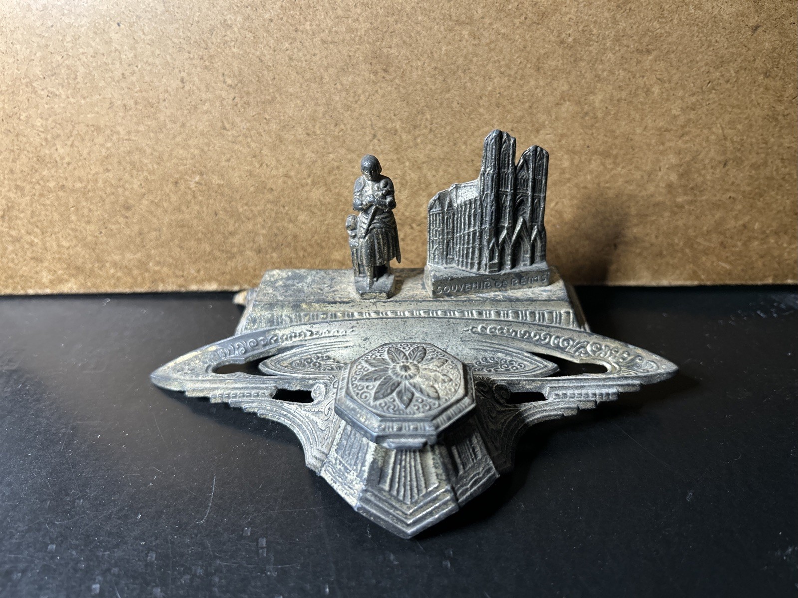 Antique Inkwell Depicting Notre Dame & Ste Joan. Made In France Antique Inkwell Depicting Notre Dame & Ste Joan. Made In France