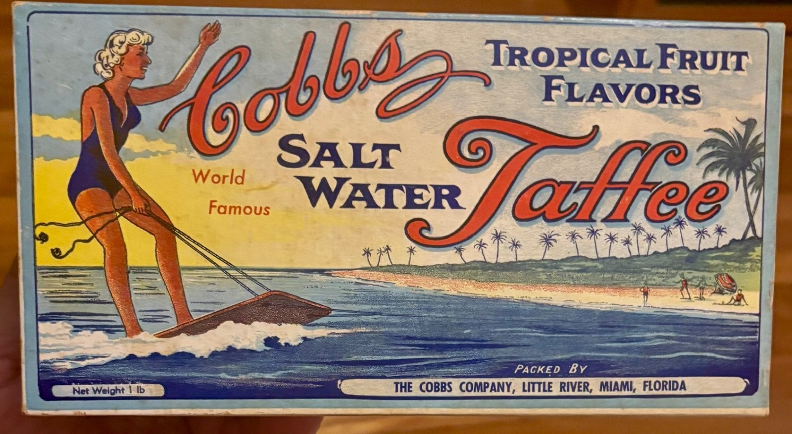 Vintage 1950s Miami Florida Cobb's Salt Water Taffee Box - BEAUTIFUL GRAPHICS