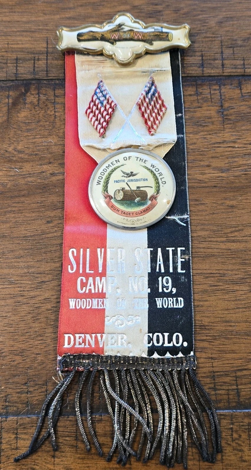 ANTIQUE WOODMEN OF THE WORLD UTAH RIBBON PIN MEDAL EARLY CELLULOID BEAUTIFUL #1