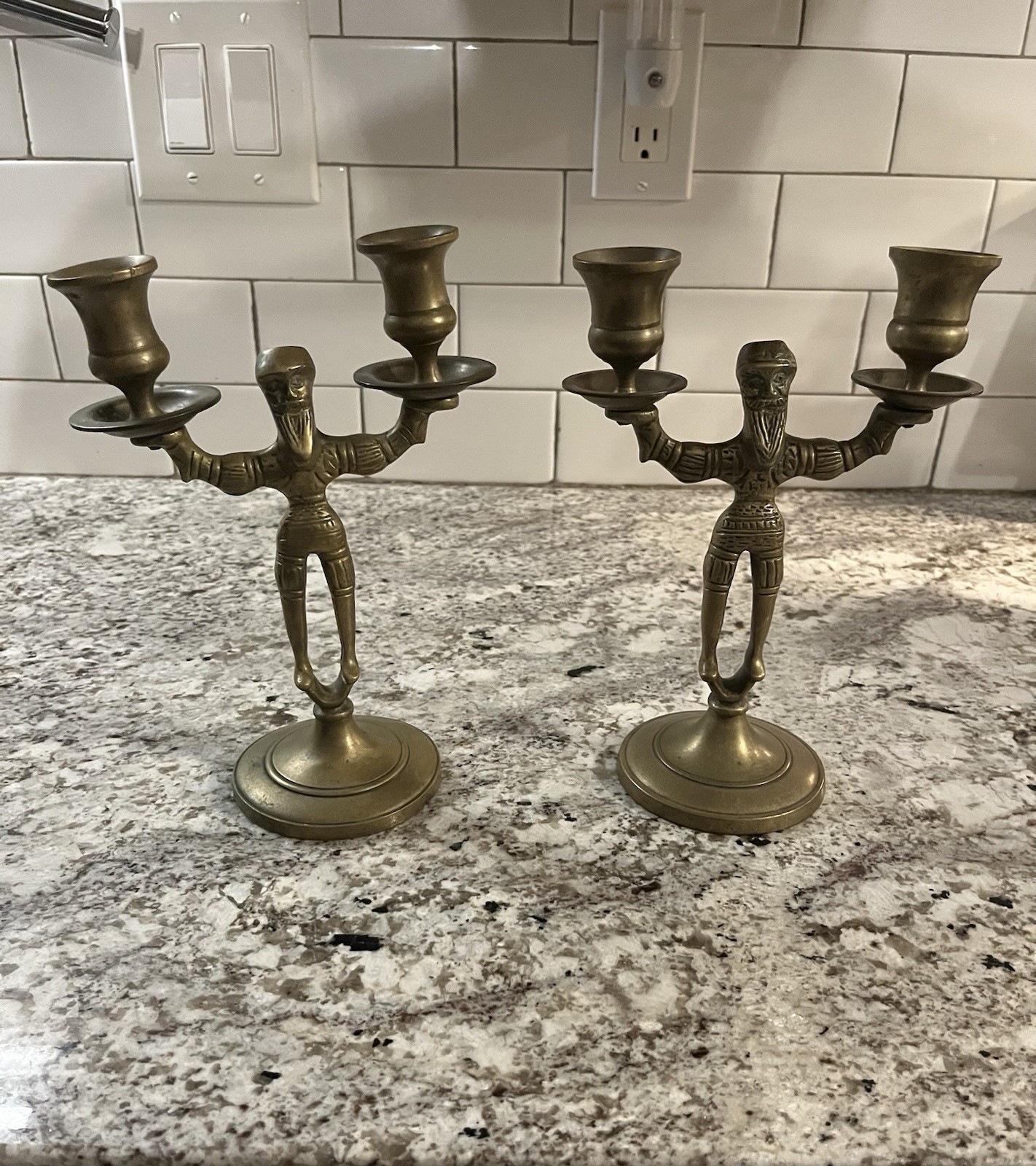 vintage Pair Of solid brass Russian figural candelabras