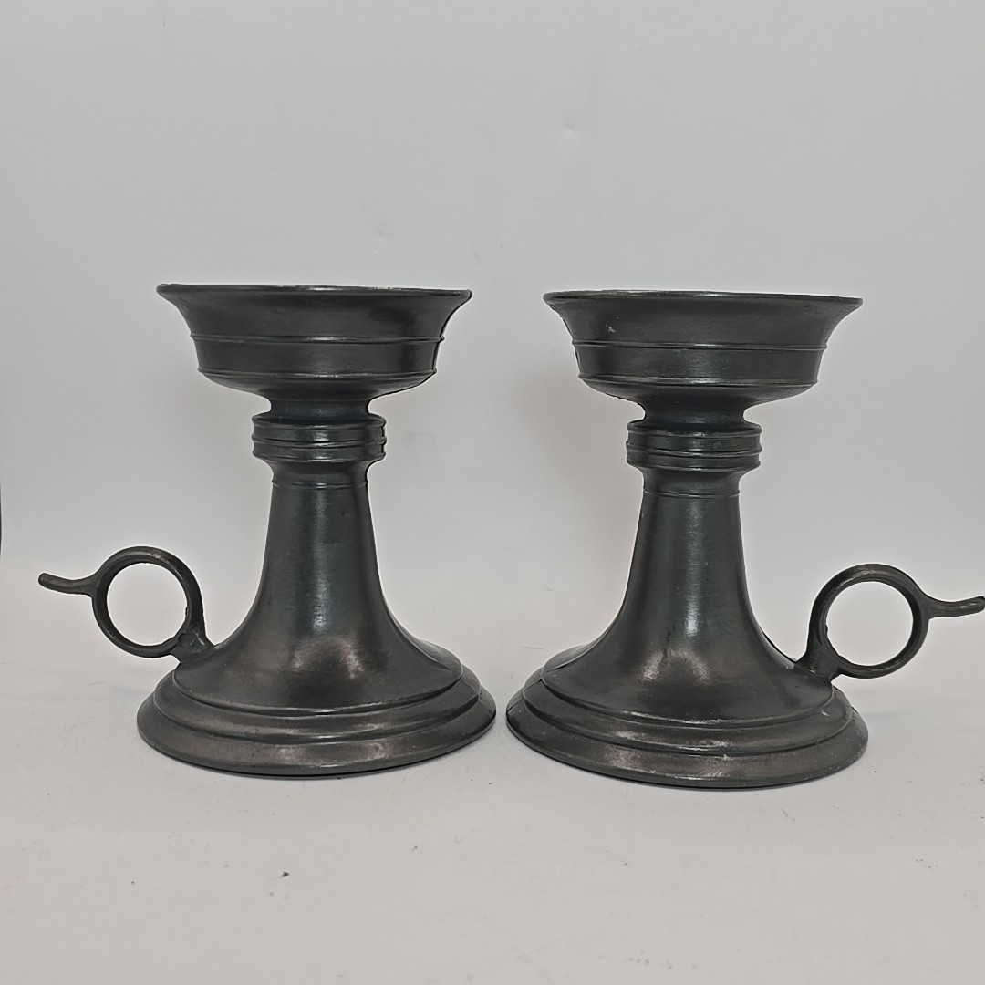Pair Vtg Norleans Dark Pewter Chamber Pillar Candle Holders Hand Made In Italy