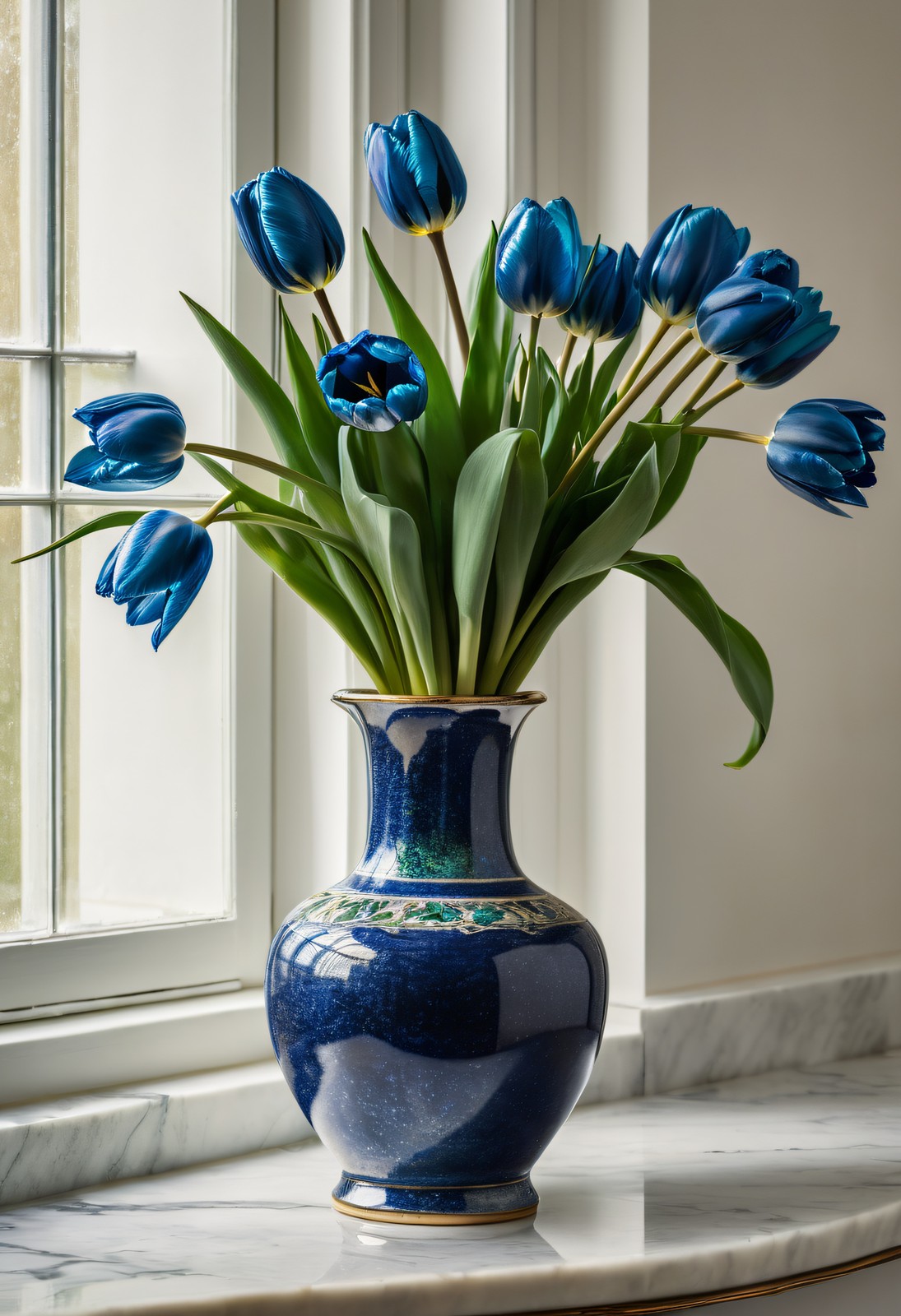 Sapphire Tulips in Ceramic Vase - Impasto Floral Wall Art Print