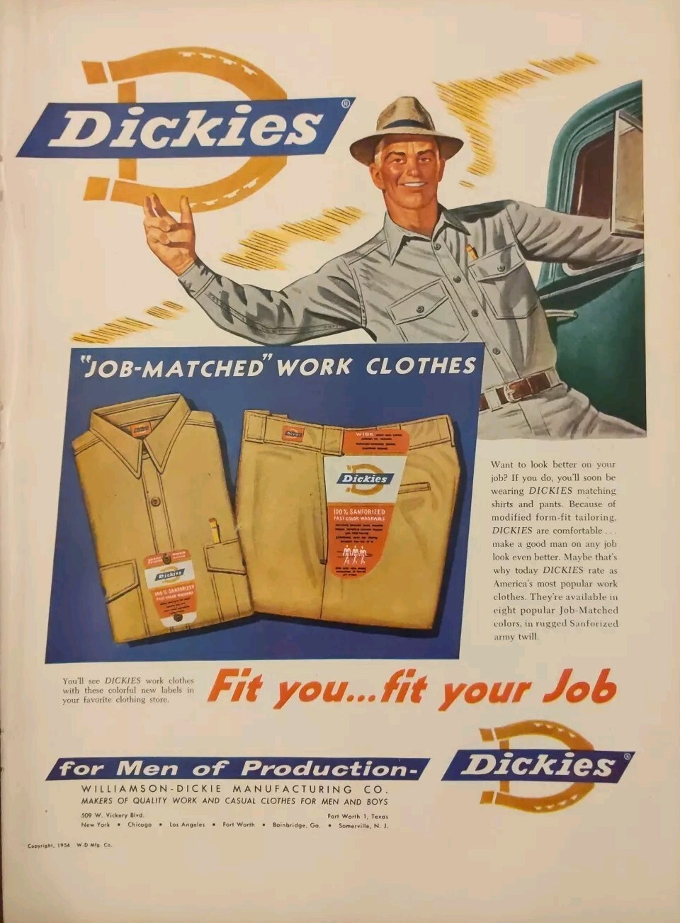 1954 Dickies Work Clothes Classic 1950\'s Print Advertisement 