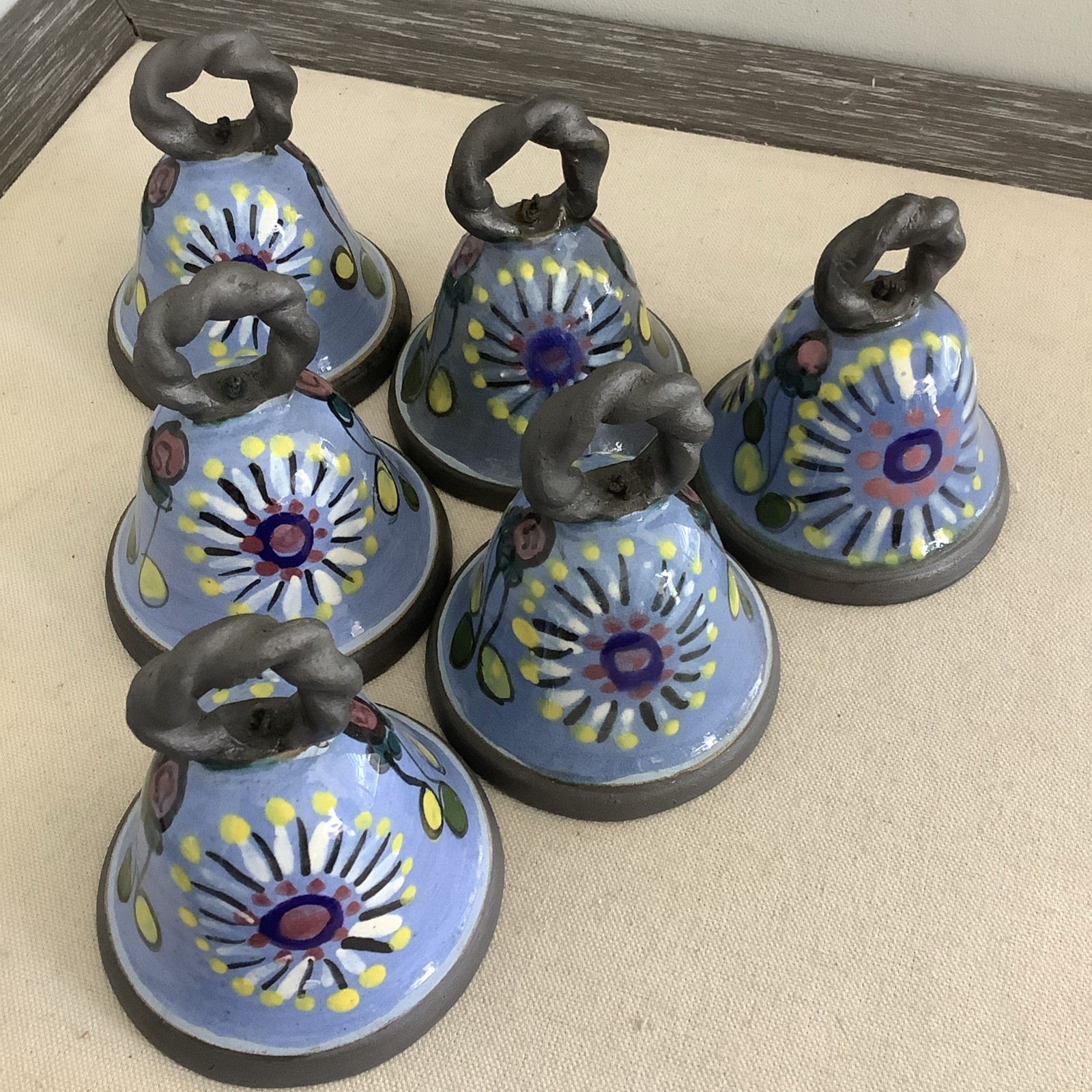 VTG Mexican Talavera Pottery Bells Set of 6 Hand Painted 4