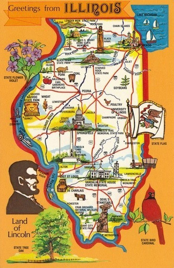 Greetings from Illinois Map c.1960s-70s vintage unposted
