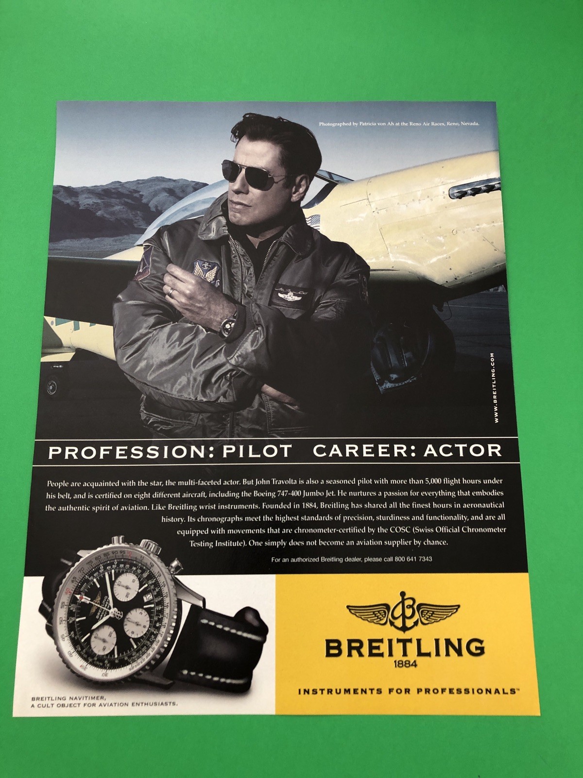 BREITLING NAVITIMER JOHN TRAVOLTA WATCH ORIGINAL PRINTED AD ADVERTISEMENT PRINT