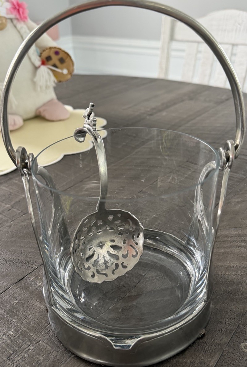 Arte Italica Taverna Crystal & Pewter Ice Bucket with Handle & Decorative Spoon