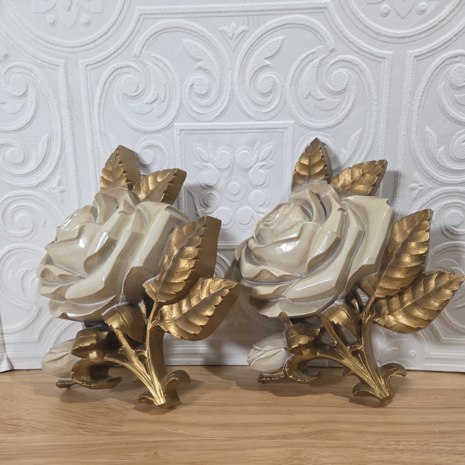 Vintage Pair Homco 1970's Hollywood Regency Style Rose Plaques  6