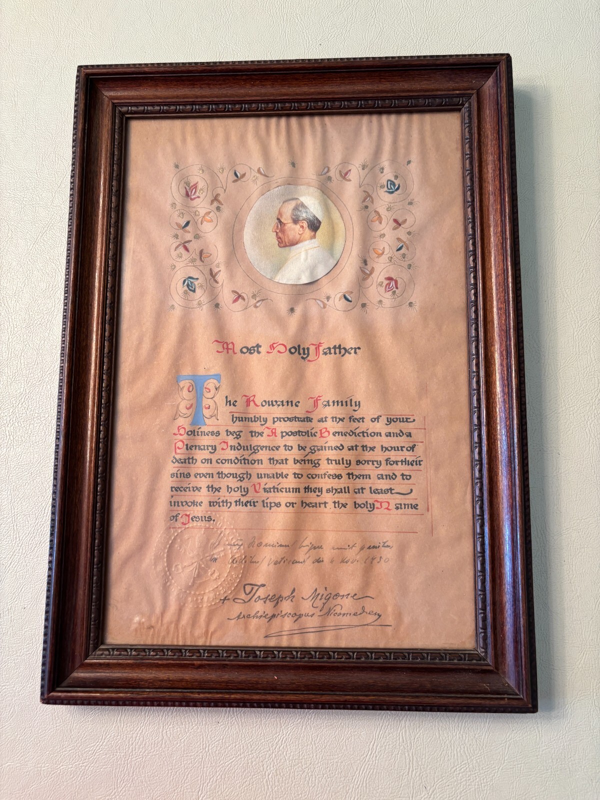 Vintage Pope Pius XII Apostolic Benediction & Plenary Indulgence Framed 1950 Vintage Pope Pius XII Apostolic Benediction & Plenary Indulgence Framed 1950