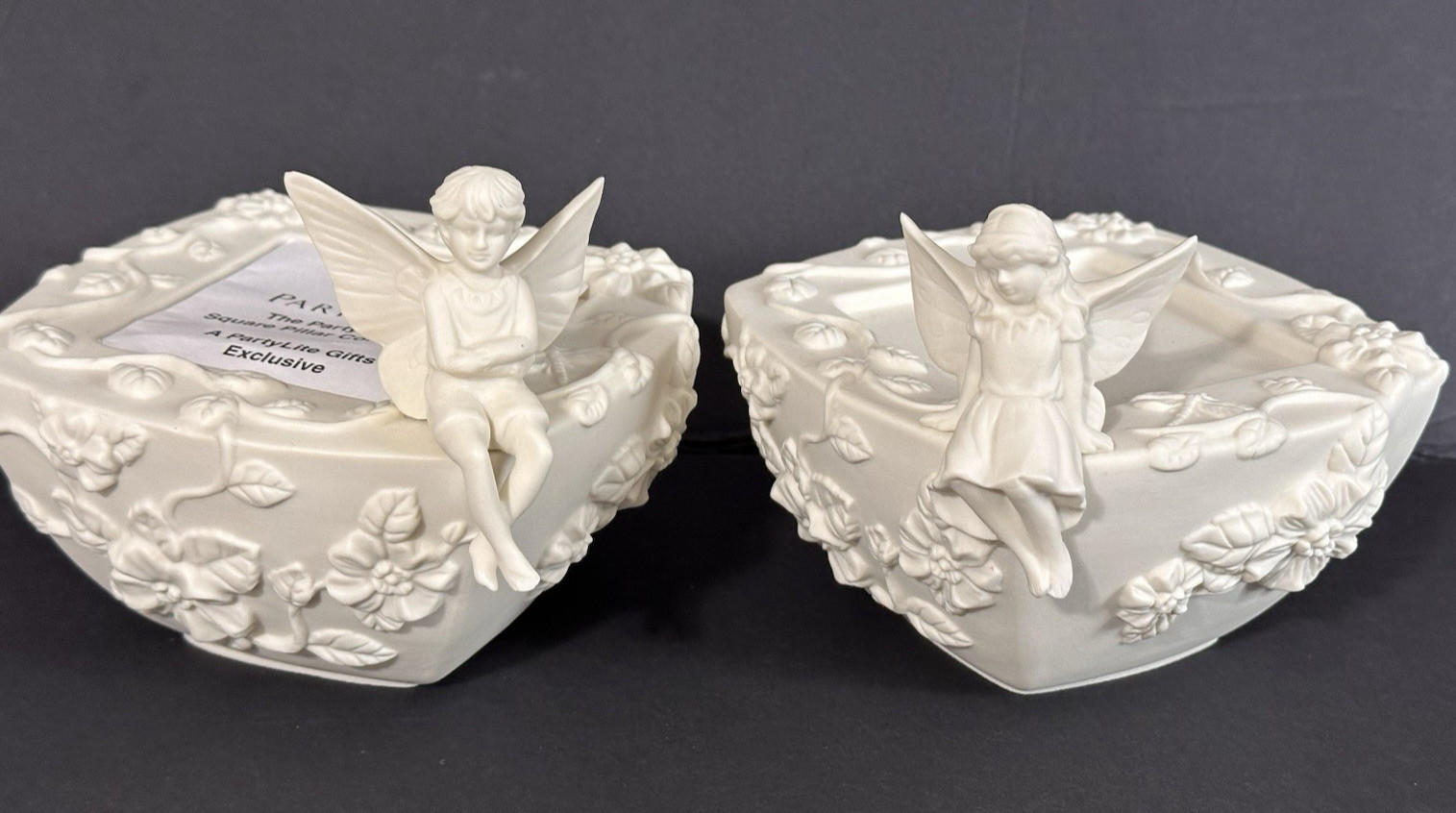 Partylite Vintage Retired Fairy Pillar Candle Holders in Ivory Bisque - Set of 2 Partylite Vintage Retired Fairy Pillar Candle Holders in Ivory Bisque - Set of 2