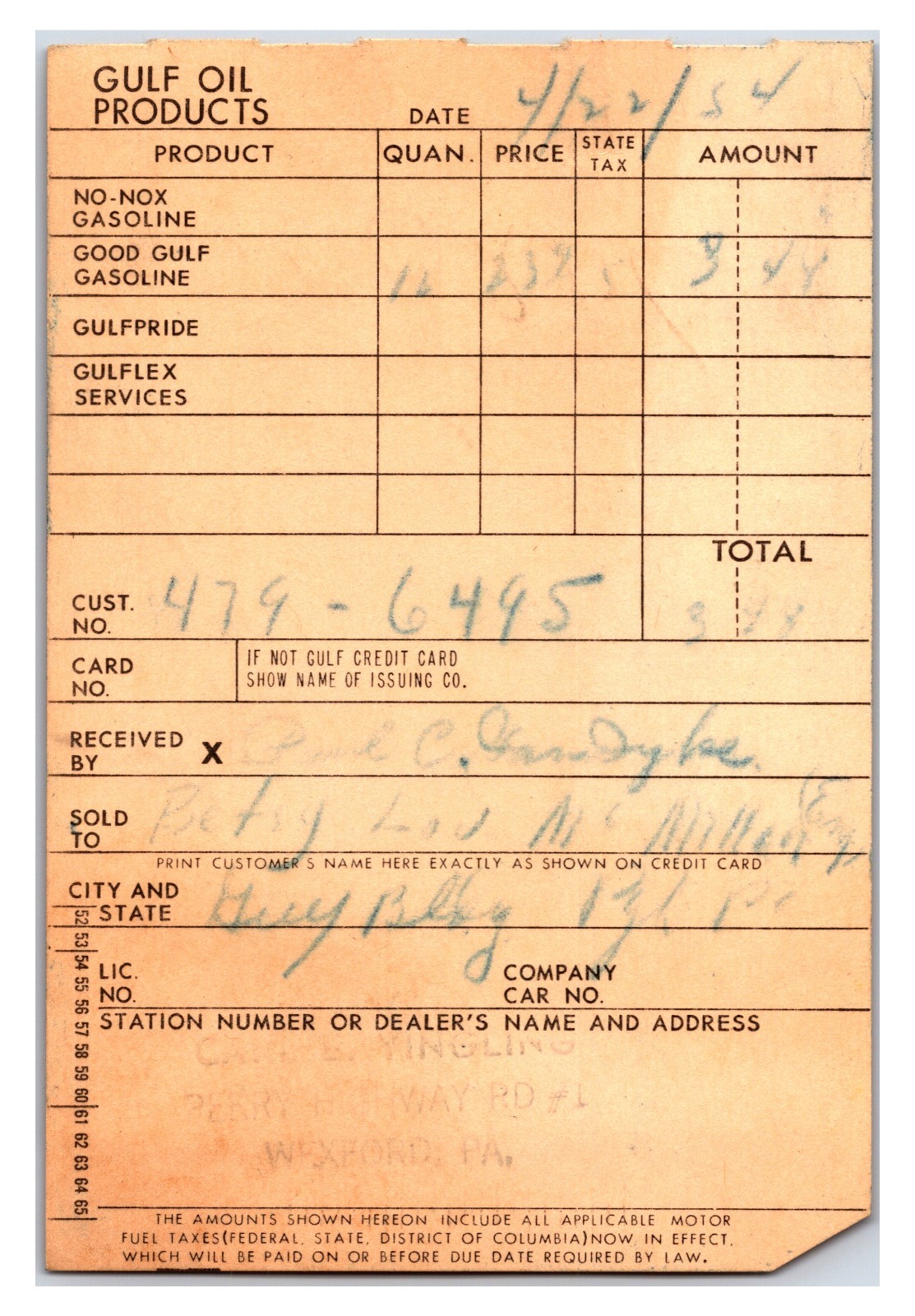Vintage Original 1954 Gulf Oil Products Receipt - Wexford, Pa