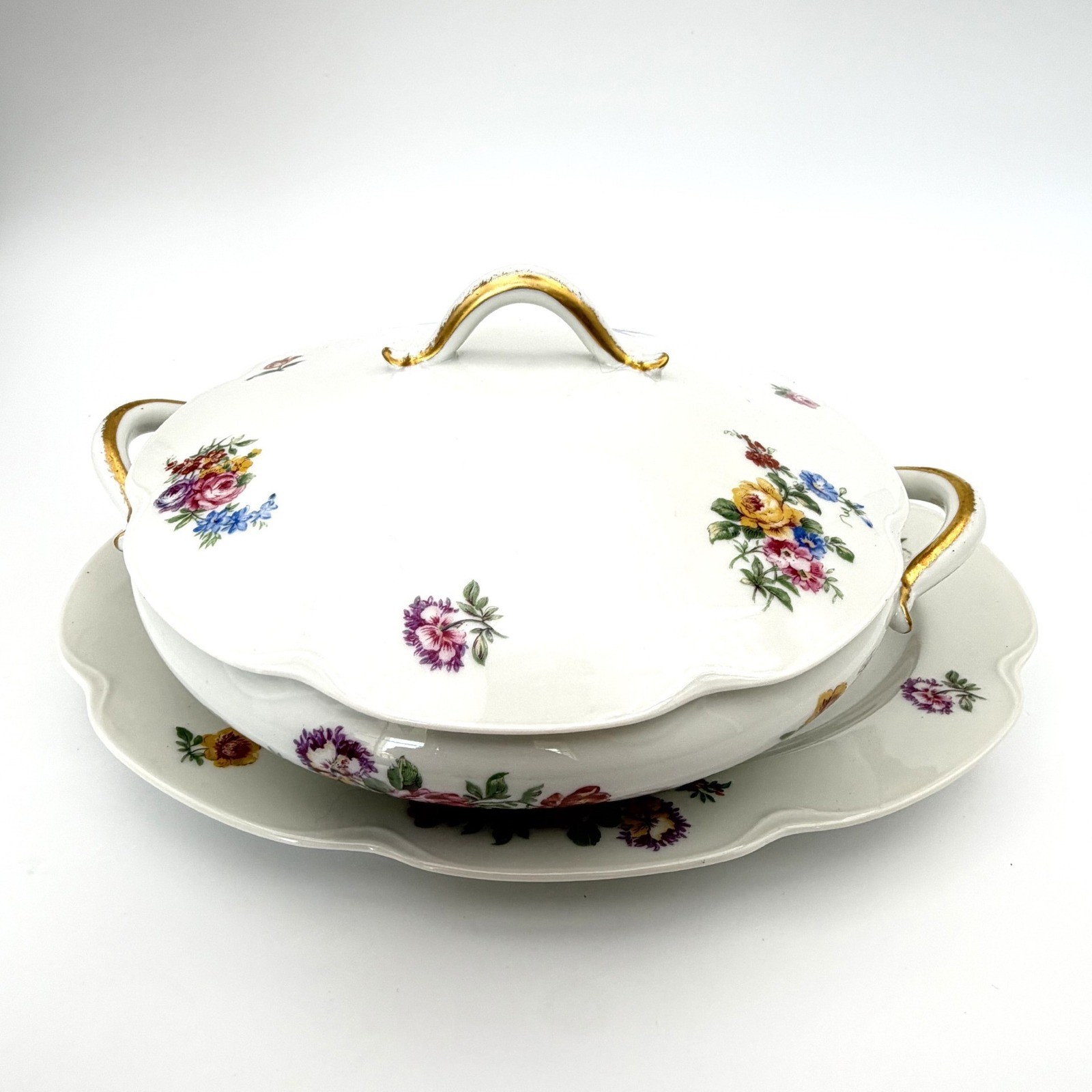 Haviland Limoges France Floral Porcelain Soup Tureen with Underplate Gold Trim