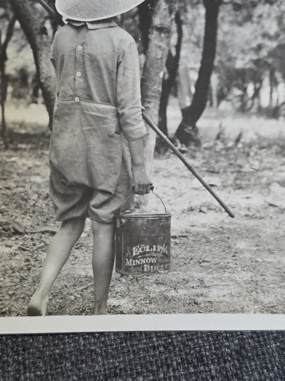 Antique 1920s Photo Child Fishing Pole Minnow Bucket Sun Hat Outdoor Snapshot