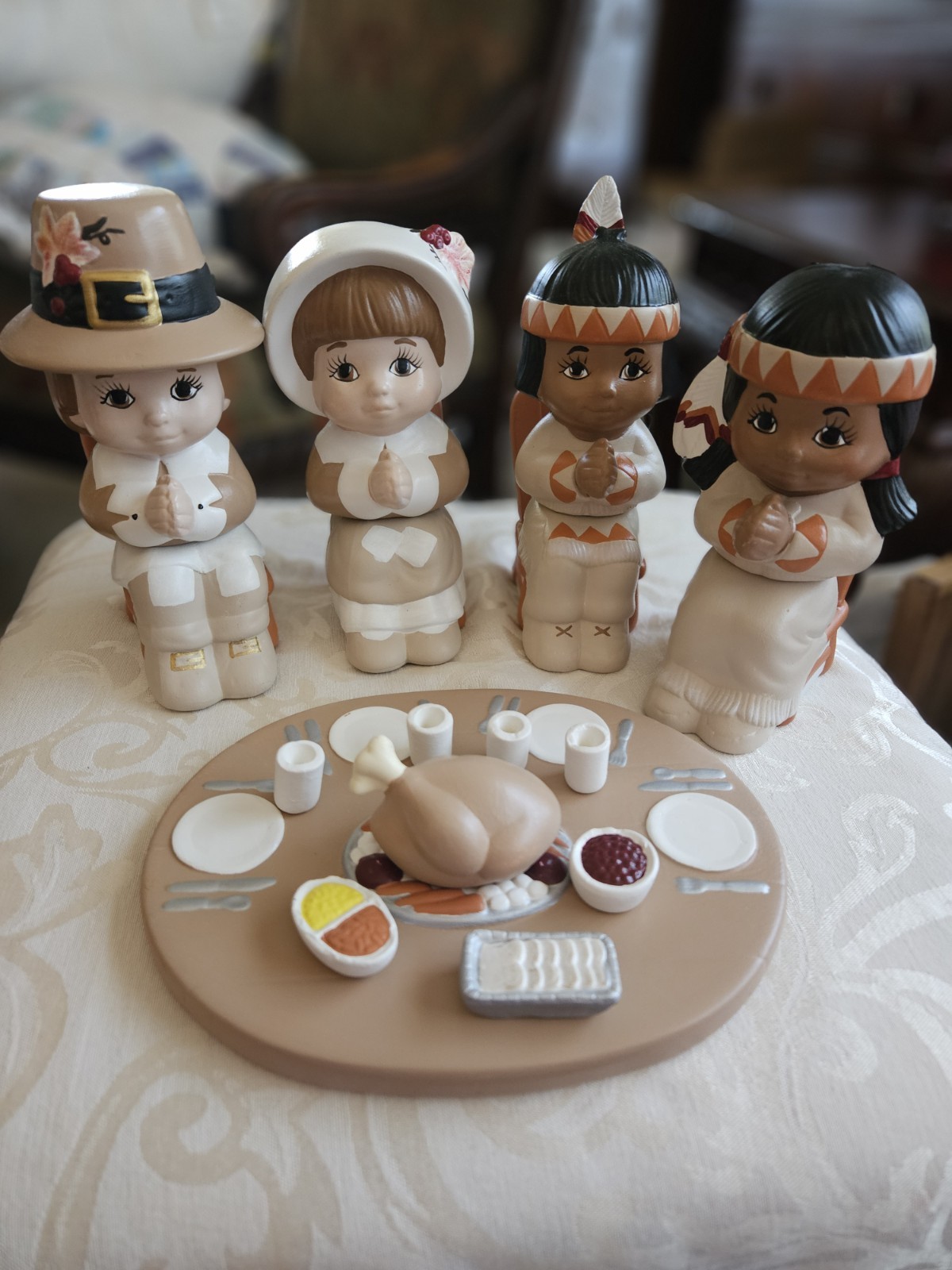 Vintage Hand-Painted Ceramic Thanksgiving Figurine Set Dona's Molds 