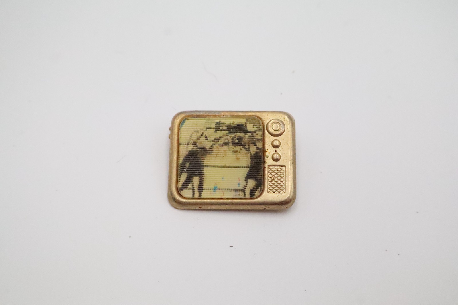 Vintage Boxing Match TV Television Lenticular Motion Brooch Pin Gold Tone Retro