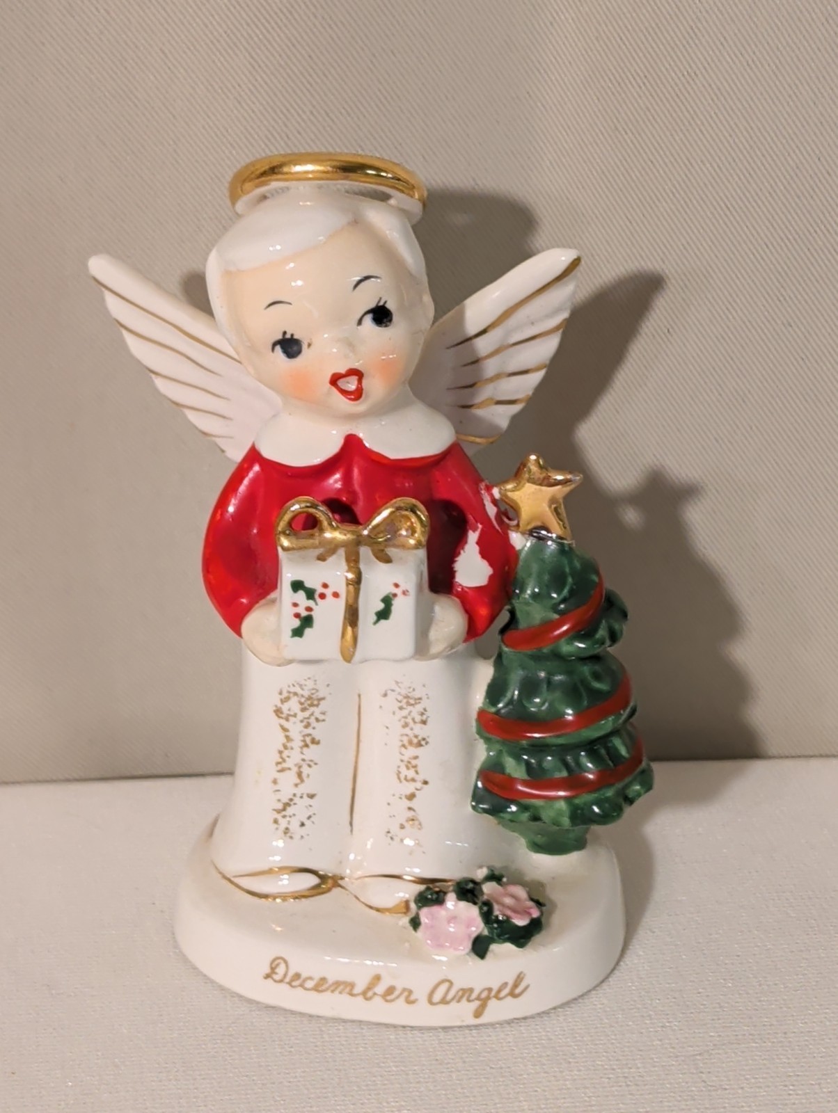 Vtg NAPCO Christmas December Angel Tree Gold Halo Ceramic Figurine MCM Japan