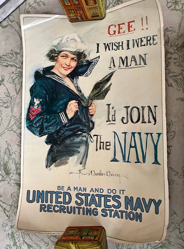 Vintage 1917 WW1 23x34” Poster- “Gee I Wish I We’re A Man I’d Join The Navy”