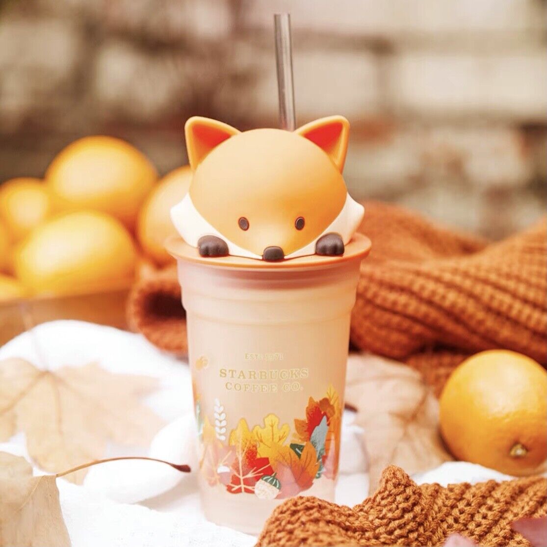 Starbucks Autumn Cute Fox Maple Leaf 12oz Glass Straw Cup Great Christmas Gift
