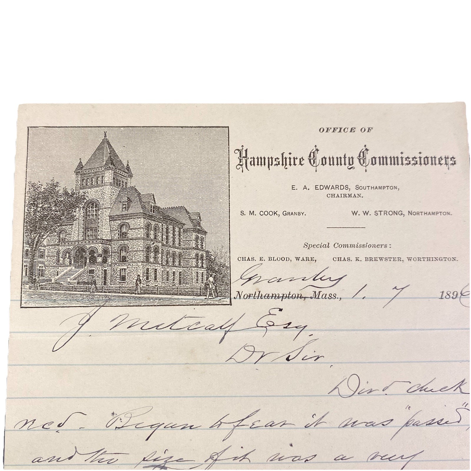 ATQ Letterhead Hampshire County Commissioners Granby Massachusetts SM Cook 1896