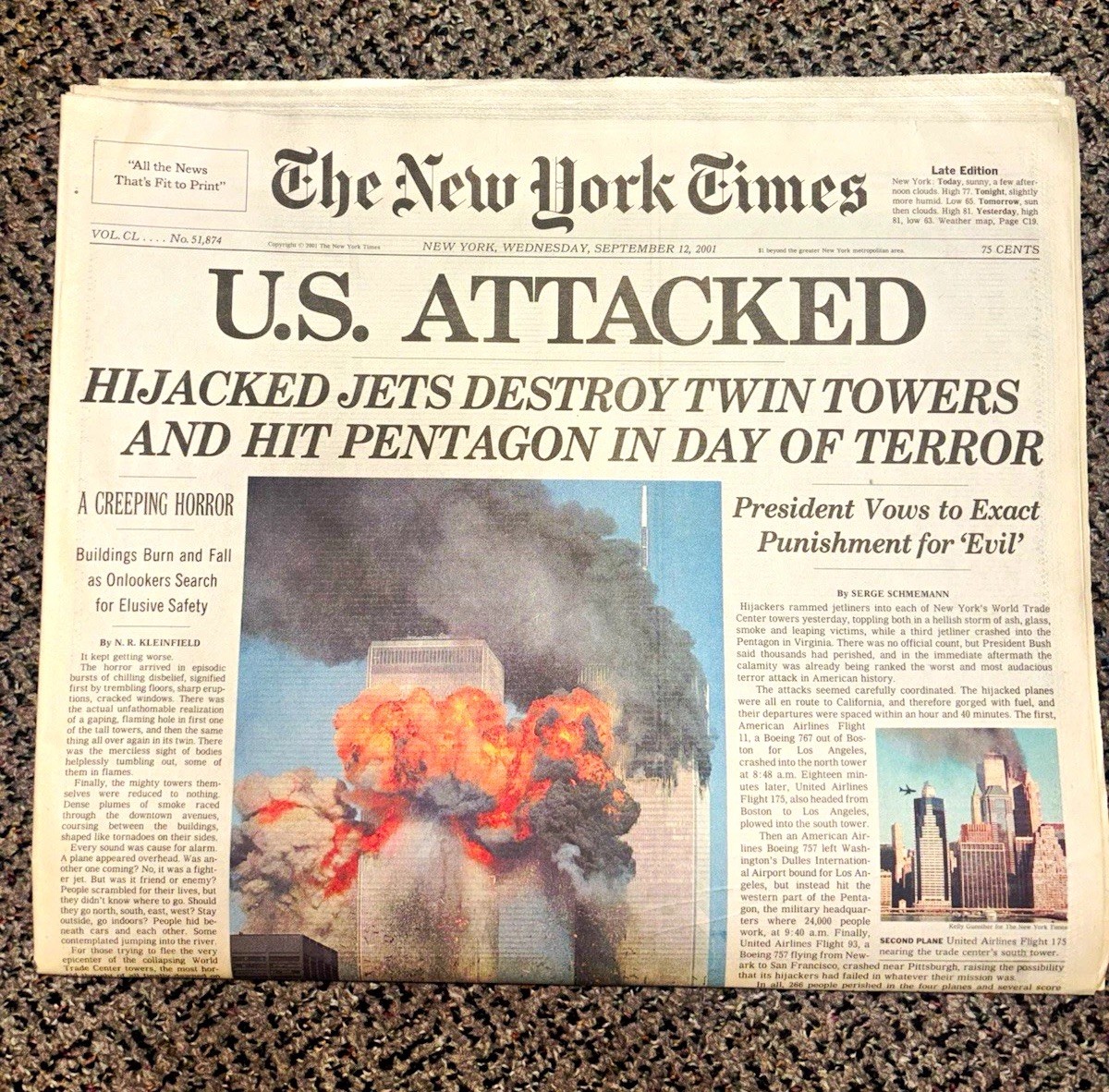 The New York Times Sept 12, 2001 Newspaper Front Page \