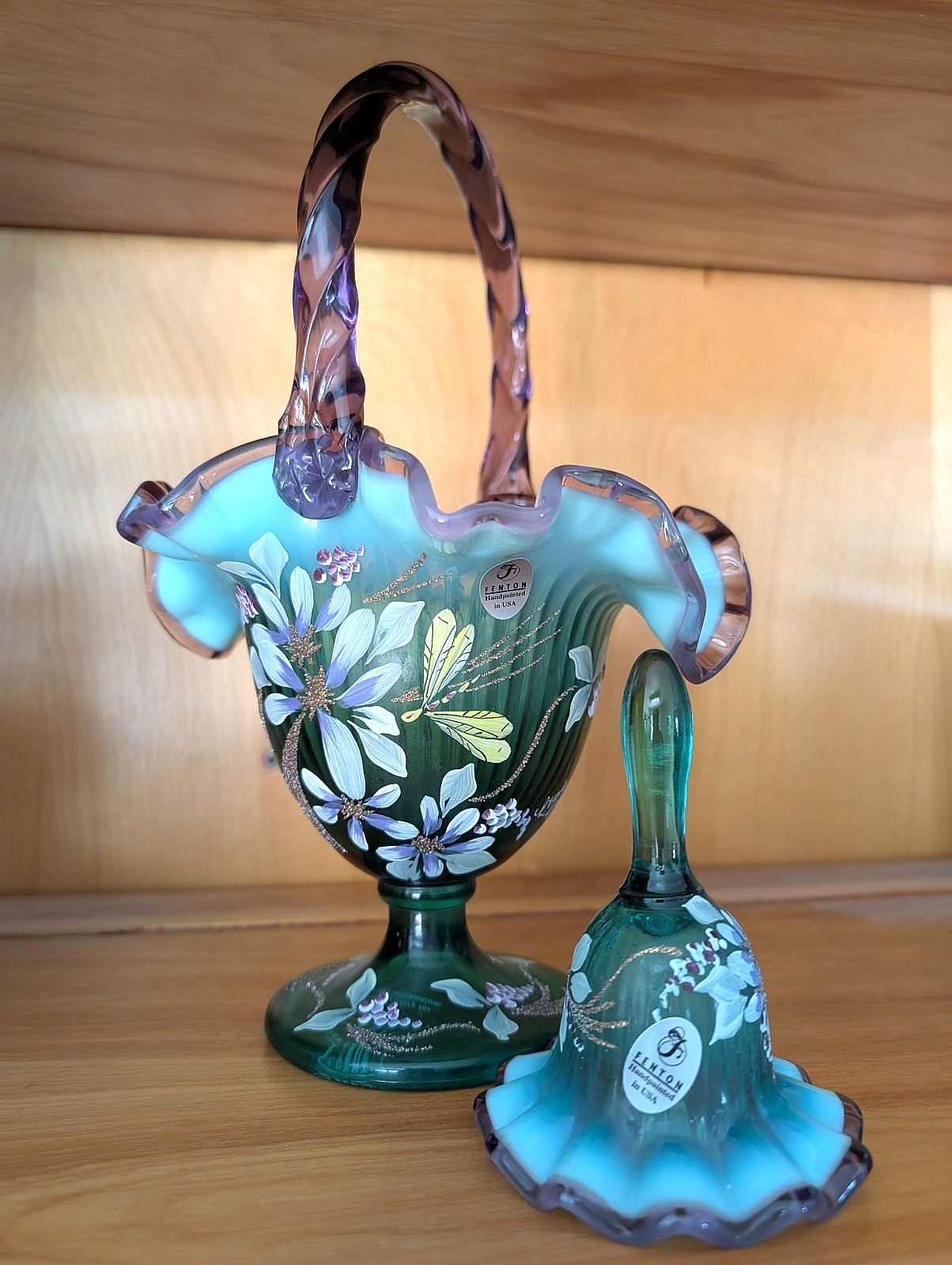 VTG Fenton New Century XXI Collection HP Dragon Fly Basket/Bell Set Signed