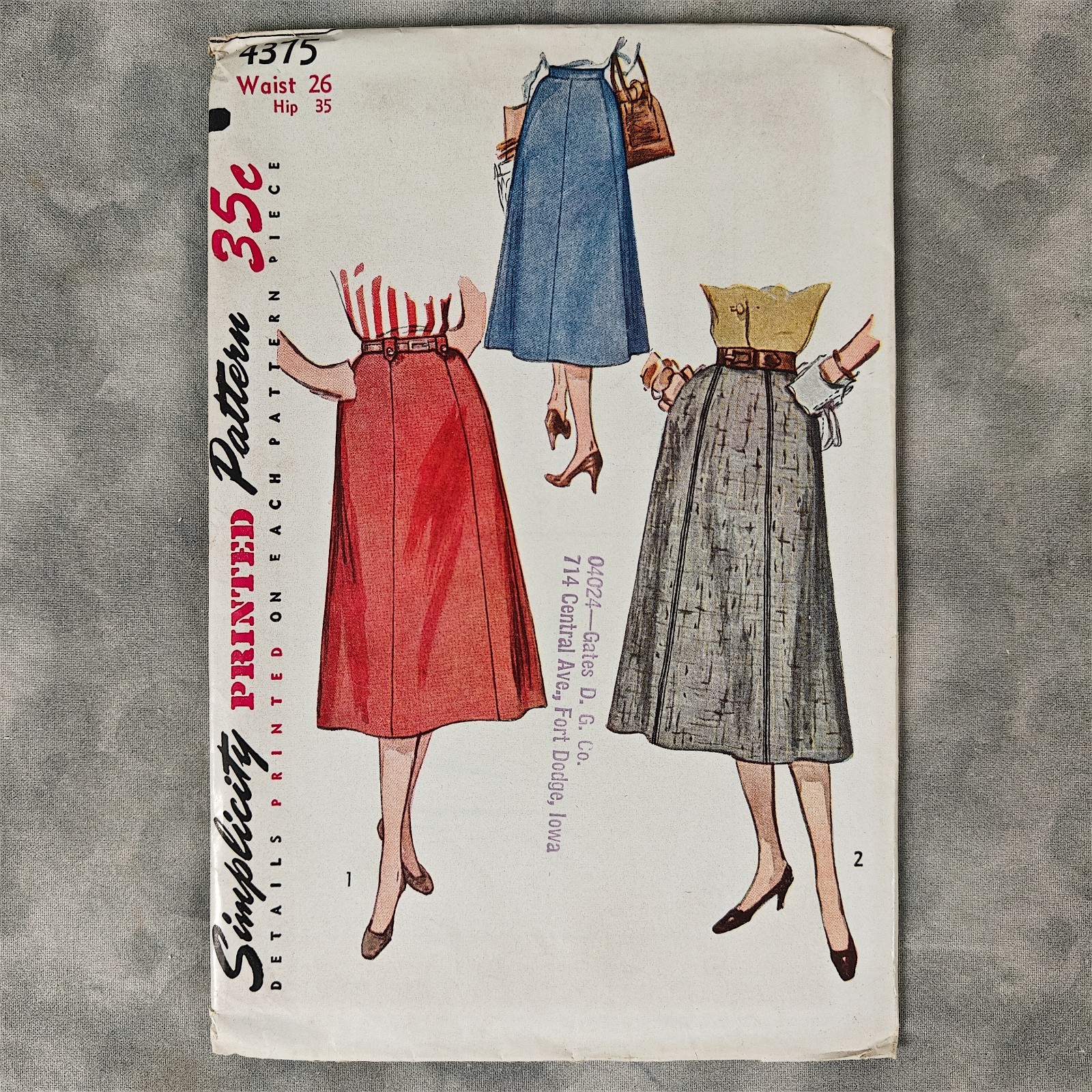 1953 Simplicity 4375 Vintage Skirt Sewing Pattern Waist 26 Hip 35 COMPLETE w/ins