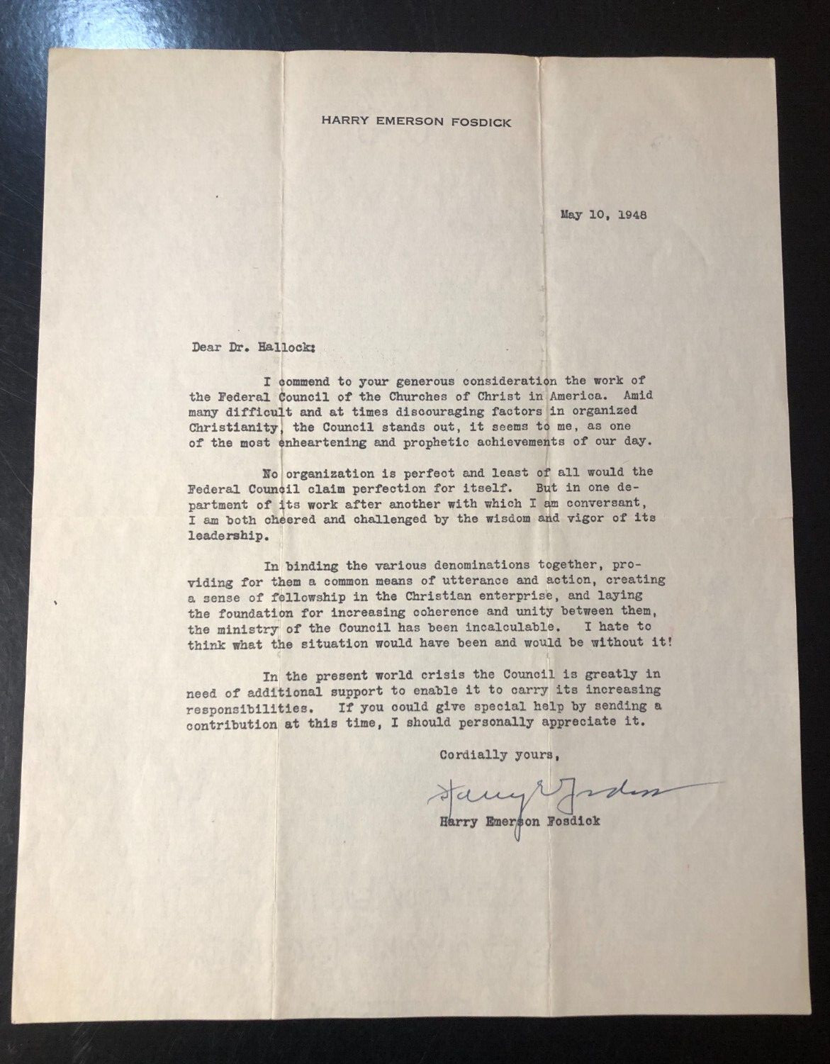 RARE 1948 Harry Emerson Fosdick American Pastor Signed Letter RARE 1948 Harry Emerson Fosdick American Pastor Signed Letter