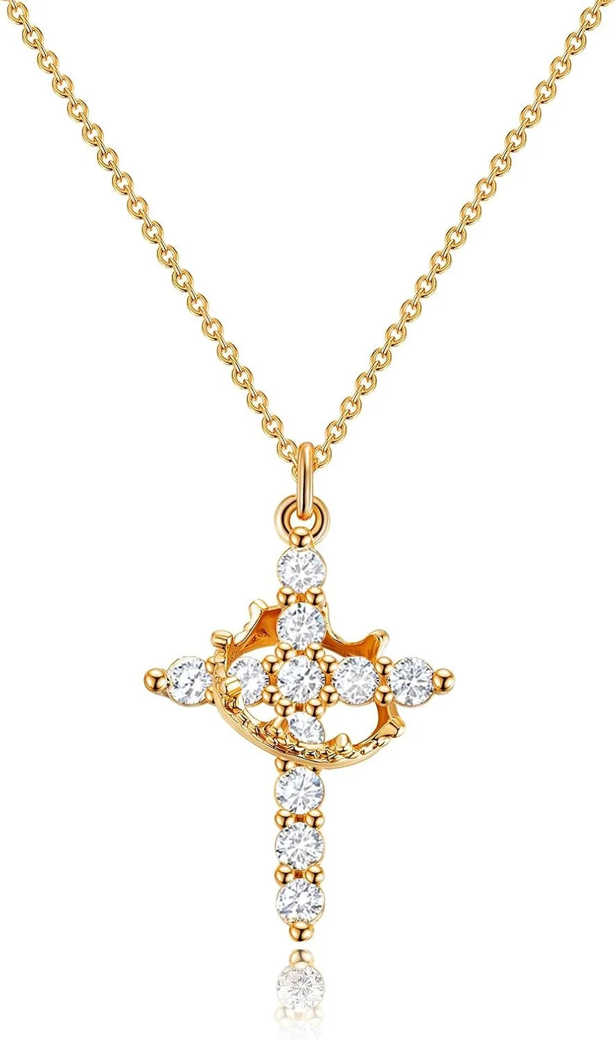 Gold Cross Necklace for Women, 14K Gold Plated Crown Cross Pendant Necklace Cros Gold Cross Necklace for Women, 14K Gold Plated Crown Cross Pendant Necklace Cros