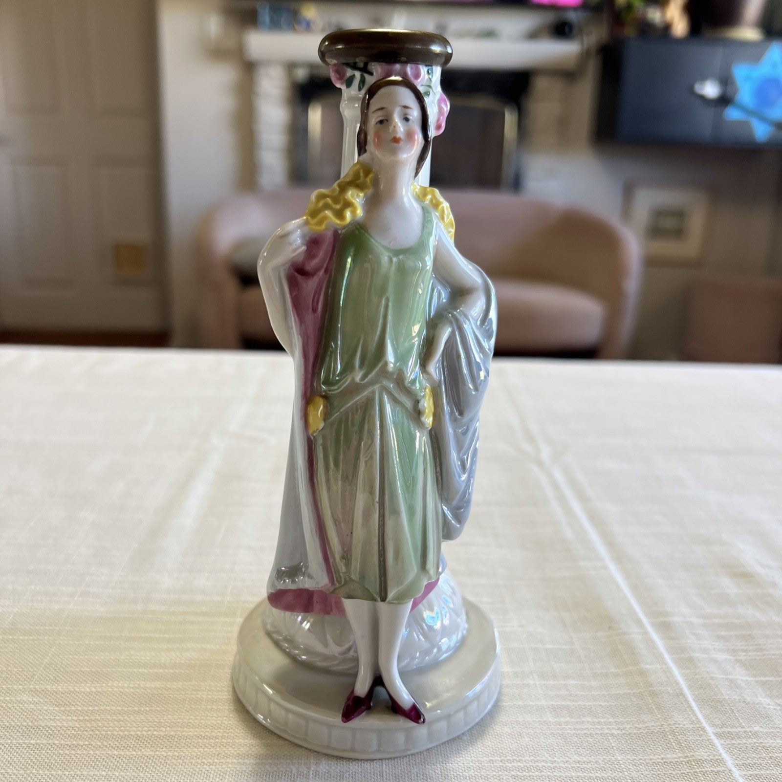 Porcelain Candleholder Figurine Flapper Girl 7” high B10