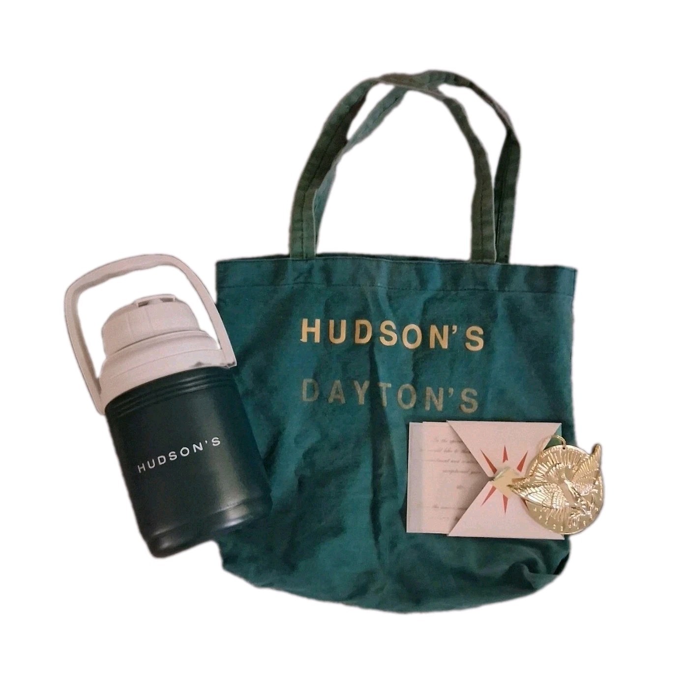 VTG Hudson's Dept Store Employee Lot - 91 Peace Ornament, Canvas Tote & Thermos